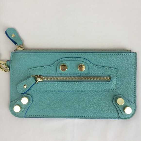 Steve Madden Blue Wristlet Double Zipper Textured Thin Slim Faux Leather - Picture 3 of 9